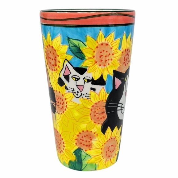 Catzilla Hand Painted Ceramic Mug Cats Sunflowers Tea Candace Reiter 1999 16 oz - Picture 3 of 9